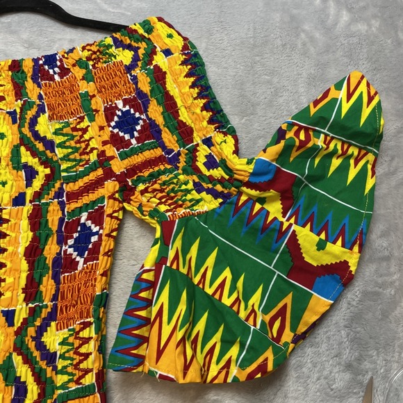 Vtg Smocked Kente African Maxi Dress Free Size World Dance Cultural Festival - Picture 4 of 7